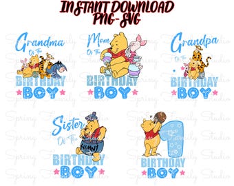Winnie the Pooh Birthday Boy Digital Art Bundle - 5 Designs - T-shirts, Party Decor, Cake Toppers - Instant Download PNG/SVG