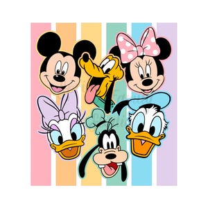 Può includere: Grafica colorata con i volti di Topolino, Minnie, Pluto, Paperino, Paperina e Pippo. I personaggi sono ambientati su uno sfondo a strisce pastello rosa, giallo e blu.