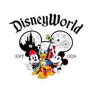 May include: Disney World logo featuring Mickey Mouse, Minnie Mouse, Donald Duck, Goofy, and Pluto. The logo includes the text "DisneyWorld" in a stylized font, the year "1928", and the word "EST."