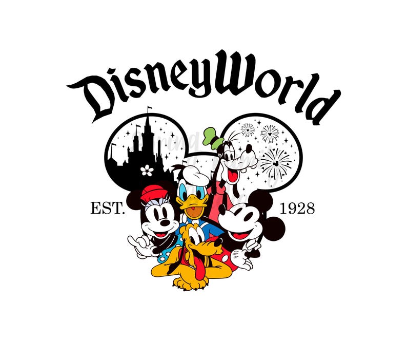 May include: Disney World logo featuring Mickey Mouse, Minnie Mouse, Donald Duck, Goofy, and Pluto. The logo includes the text "DisneyWorld" in a stylized font, the year "1928", and the word "EST."
