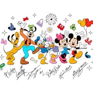 May include: A colorful illustration of Disney characters Pluto, Goofy, Donald Duck, Daisy Duck, Minnie Mouse, and Mickey Mouse. The characters are in a celebratory pose, surrounded by stars, bows, and other decorative elements. Each character's name is written in a cursive font.
