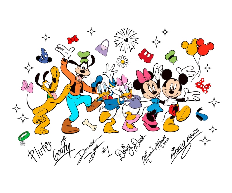 May include: A colorful illustration of Disney characters Pluto, Goofy, Donald Duck, Daisy Duck, Minnie Mouse, and Mickey Mouse. The characters are in a celebratory pose, surrounded by stars, bows, and other decorative elements. Each character's name is written in a cursive font.