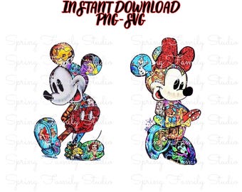 ミッキーマウスとミニーマウスをフィーチャーしたカラフルなディズニーキャラクターのデジタルアートプリント（Tシャツ、マグカップ、壁飾り用） - 即時ダウンロード PNG/SVG
