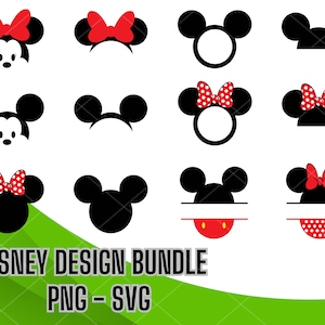 Mickey and Minnie Inspired SVG PNG Bundle, Mickey Minnie Ears, Mouse Ears outline and Mouse Bow, Mouse Silhouette, Mickey Mouse head png svg