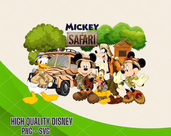May include: A colorful illustration of Mickey Mouse, Minnie Mouse, Donald Duck, Goofy, and Pluto dressed in safari outfits. The characters are standing in front of a jeep with a Mickey Mouse Safari sign.