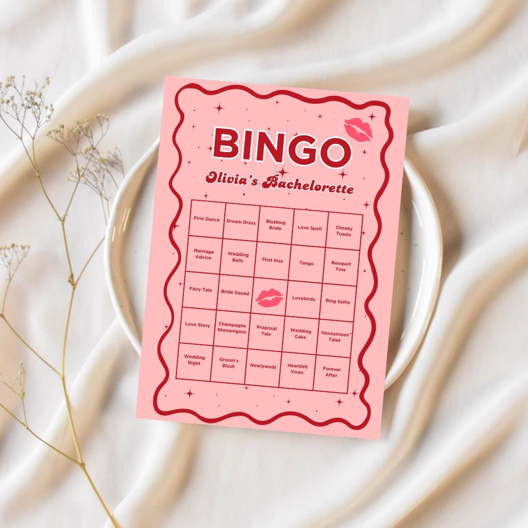 Bachelorette Bingo Game, Fun Hen Party & Pub Crawl Drinking Game Red and Pink Wavy Border, Instant Canva Download Printable Bach Game