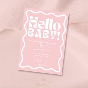 Wavy Border Baby Shower Invitation, Retro pink Editable Template Invite, baby girl Printable, Hello Baby Canva Template