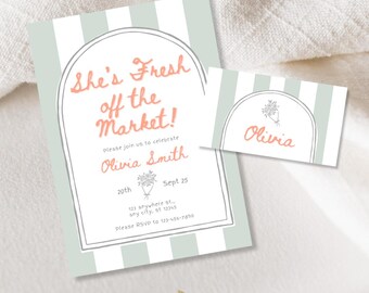 Fresh Off the Market Bridal Shower set Template, Farmer’s Market Wedding Shower Invite and place card, Editable Canva Template, Instant