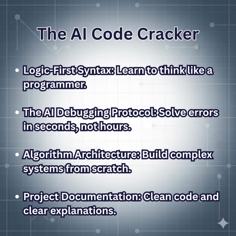 Puede incluir: Gr&aacute;fico titulado "The AI Code Cracker" con vi&ntilde;etas que describen la sintaxis l&oacute;gica, el protocolo de depuraci&oacute;n de IA, la arquitectura de algoritmos y la documentaci&oacute;n del proyecto. El fondo es un degradado de gris y azul.