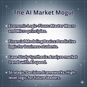 Puede incluir: Un gr&aacute;fico digital titulado "The AI Market Mogul" con vi&ntilde;etas que detallan temas como la l&oacute;gica econ&oacute;mica, la modelizaci&oacute;n financiera, el an&aacute;lisis de estudios de casos y los marcos de decisi&oacute;n estrat&eacute;gicos. El fondo es un degradado azul y gris.