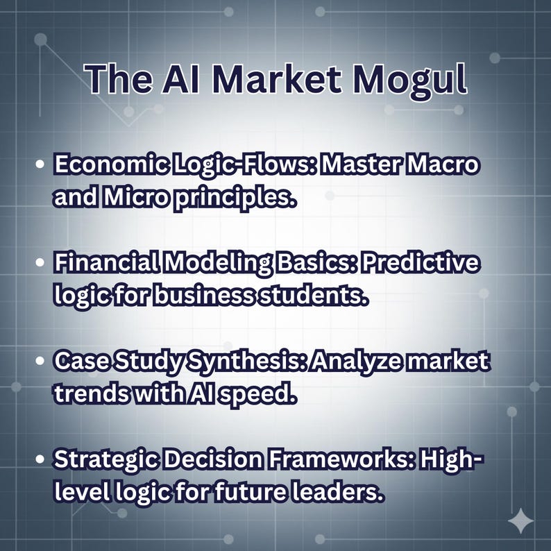 Puede incluir: Un gr&aacute;fico digital titulado "The AI Market Mogul" con vi&ntilde;etas que detallan temas como la l&oacute;gica econ&oacute;mica, la modelizaci&oacute;n financiera, el an&aacute;lisis de estudios de casos y los marcos de decisi&oacute;n estrat&eacute;gicos. El fondo es un degradado azul y gris.
