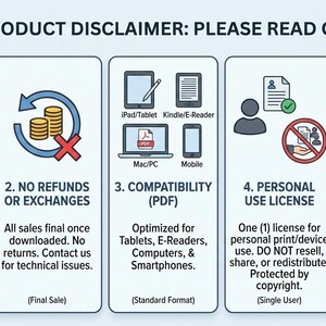 Puede incluir: Un descargo de responsabilidad del producto digital con cinco secciones. La primera secci&oacute;n indica "Solo descarga digital" con un icono de nube, sobre y PDF. Otras secciones detallan sin reembolsos, compatibilidad, licencia de uso personal y requisitos de herramientas de IA.