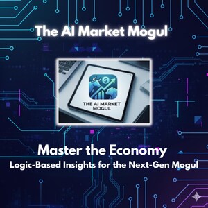 Può includere: Grafica digitale con il testo "The AI Market Mogul" e "Master the Economy". Un tablet mostra un logo con un toro, un orso e una freccia verso l'alto. Lo sfondo presenta un design di circuito stampato in blu e viola.