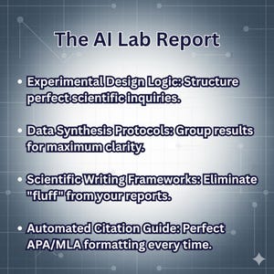Puede incluir: Un gr&aacute;fico azul y blanco titulado "The AI Lab Report". Detalla el dise&ntilde;o experimental, la s&iacute;ntesis de datos, la escritura cient&iacute;fica y las gu&iacute;as de citas automatizadas. El fondo tiene un patr&oacute;n sutil inspirado en la tecnolog&iacute;a.