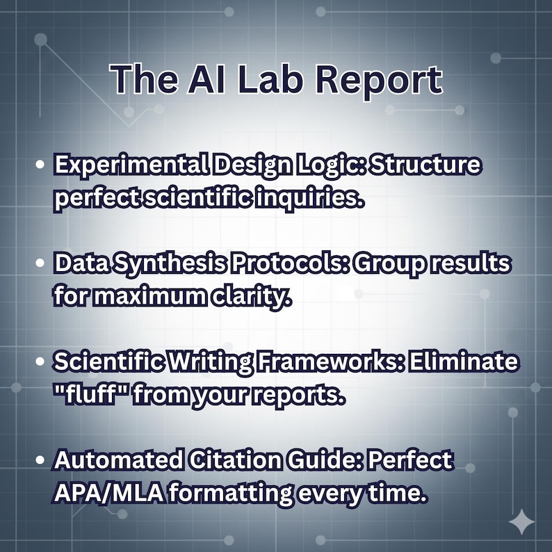 Puede incluir: Un gr&aacute;fico azul y blanco titulado "The AI Lab Report". Detalla el dise&ntilde;o experimental, la s&iacute;ntesis de datos, la escritura cient&iacute;fica y las gu&iacute;as de citas automatizadas. El fondo tiene un patr&oacute;n sutil inspirado en la tecnolog&iacute;a.