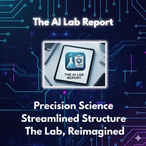 May include: A digital graphic with the title "The AI Lab Report" in white text. The image features a tablet displaying a logo with a beaker and gears. Below, the text reads "Precision Science, Streamlined Structure, The Lab, Reimagined."