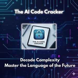 May include: A digital graphic with a dark blue background and circuit board design. The text "The AI Code Cracker" is at the top. A tablet displays a lock icon with the text "The AI Code Cracker". The text "Decode Complexity, Master the Language of the Future" is at the bottom.
