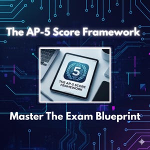 以下が含まれることがあります： 「The AP-5 Score Framework」と「Master The Exam Blueprint」のテキストが表示されたデジタルタブレット。タブレットの画面には、月桂樹の冠の中に数字の5が入ったロゴが表示されています。背景には回路基板のデザインがあります。