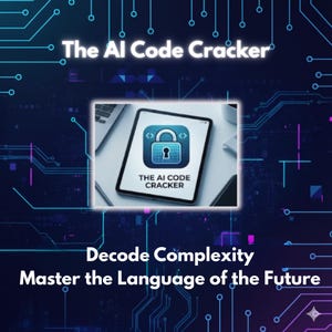 Puede incluir: Gr&aacute;fico digital con fondo azul oscuro y dise&ntilde;o de placa de circuito. El texto "The AI Code Cracker" est&aacute; en la parte superior. Una tableta muestra un icono de candado con el texto "The AI Code Cracker". El texto "Decode Complexity, Master the Language of the Future" est&aacute; en la parte inferior.