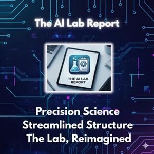Puede incluir: Gr&aacute;fico digital con el texto "The AI Lab Report" en blanco. La imagen presenta una tableta que muestra un logotipo con un vaso de precipitados y engranajes. El texto adicional incluye "Precision Science", "Streamlined Structure" y "The Lab, Reimagined."