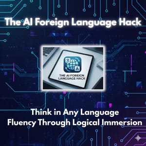 May include: A digital graphic with a dark blue background and circuit board design. The text reads "The AI Foreign Language Hack" and "Think in Any Language Fluency Through Logical Immersion." A tablet displays an app logo with a globe and the text "The AI Foreign Language Hack."