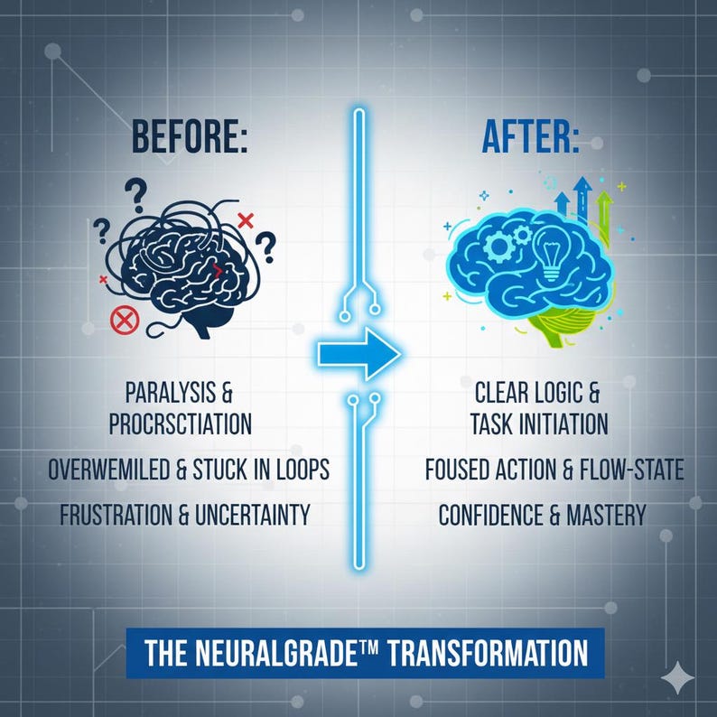 Puede incluir: Infograf&iacute;a que ilustra una transformaci&oacute;n cerebral. El lado "Antes" muestra un cerebro confuso con interrogaciones, mientras que el lado "Despu&eacute;s" muestra un cerebro claro e iluminado. El texto incluye "Par&aacute;lisis y Procrastinaci&oacute;n" y "L&oacute;gica clara e inicio de tareas".