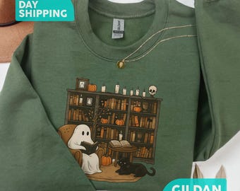 Retro Ghost Reading Sweatshirt, Halloween Librarian Teacher Gift