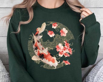 Vintage Japanese Koi Fish Sweatshirt, Nautical Animal Sweater, Asian Art Nouveau Japan Hoodie, Tokyo Style Unisex Spring Sweatshirt
