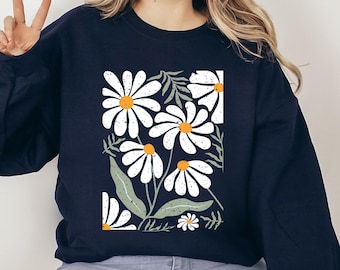 Blumen-Sweatshirt, Daisy Hoodie, Retro-Blumen-Sweatshirt, Floral T-Shirt, Wildblumen-Pullover, Geschenk für Mama, Sweatshirt für Blumenliebhaber