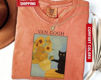 Camiseta de gato Van Gogh Comfort Colors®, camiseta de gato con iris de Van Gogh, camiseta de gato negro, camiseta divertida de gato, camisetas para mujer, idea de regalo divertida
