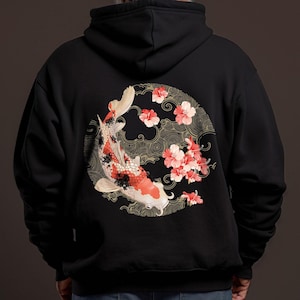 Vintage Japanese Koi Fish Hoodie, Nautical Animal Sweater, Asian Art Nouveau Japan Hoodie, Tokyo Style Unisex Spring Sweatshirt