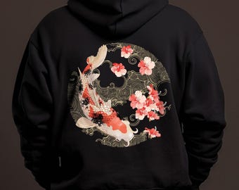 Vintage Japanese Koi Fish Hoodie, Nautical Animal Sweater, Asian Art Nouveau Japan Hoodie, Tokyo Style Unisex Spring Sweatshirt