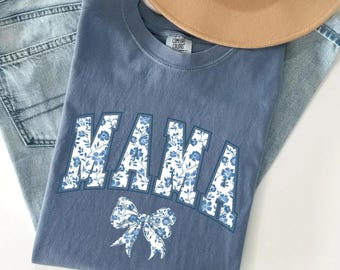 Camisa de mamá - Algodón azul lavado suave con lazo femenino