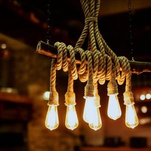 Rustic Wood Beam Rope Chandelier: 6-Arm Medieval Lighting