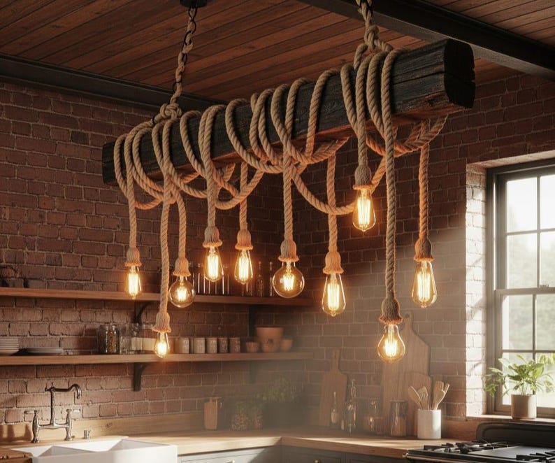 Rustic Rope Central Light Dark Wood Beam Chandelier | Rustic Bar Lighting | 10-light Long Rope ...