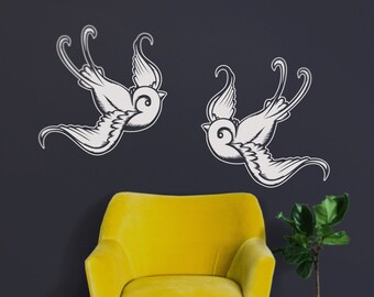 Tattoo swallow wall decals, bird wall stickers, love birds art, living room decor