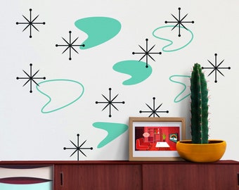 Boomerang mid century wall decal set, starburst wall decals, vintage 50s design, retro boomerang decor