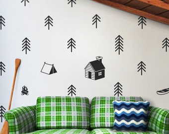 Camping art wall decal- cottage art, wilderness decor, outdoors stickers, forest art, trees decal, cottage decor, camp decor, trees, canoe