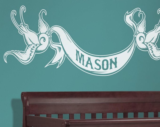 Personalized Banner Wall Decal: Tattoo Style Swallow Scroll Pennant