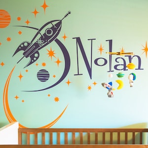 Personalized retro rocket ship vinyl wall decal.