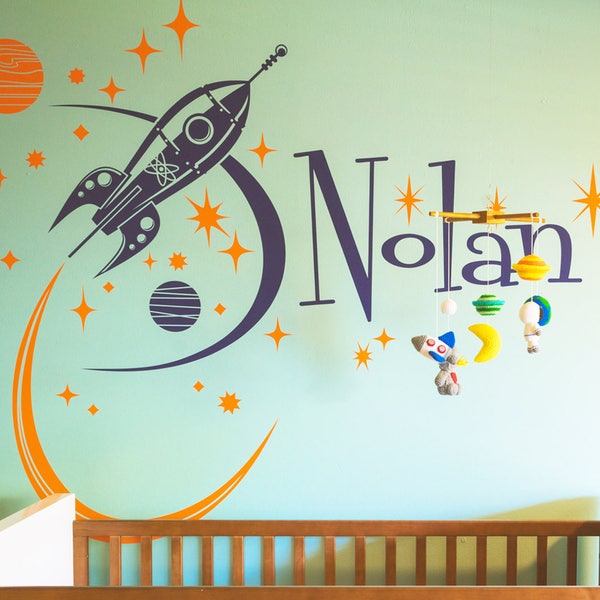 Rocket ship wall decal custom name rocket ship mid century space ship vinyl wall decal retro rocket sticker personalized decal for bedroom