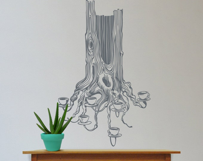 tea tree wall decal, large size tree wall sticker, illustrated tree wall decor