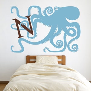 octopus monogram wall decal, large octopus sticker art, custom initial decal, kid's room decor, FREE SHIPPING ice blue