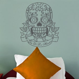 sugar skull wall decal with custom banner, day of the dead sticker, dia de lost meurtos decor, mexican decor, mexican art, FREE SHIPPING image 1