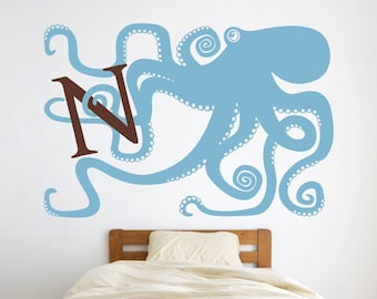 Personalized Octopus Wall Decal: Monogram Octopus Vinyl Wall Sticker, Sea Creature Design