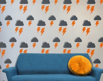 Clouds and Lightning Vinyl Wall Decal Set: Storm Design Wall Decals