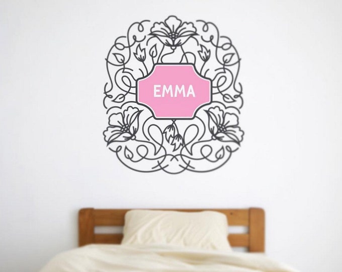 Custom name decal-flower wall decal, personalized decal, name wall decal, flower sticker, nursery decor, baby girl nursery, girls room decor