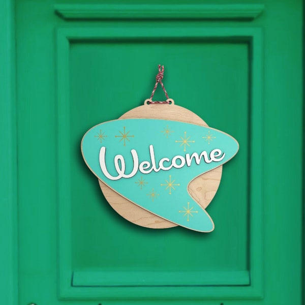 Welcome door sign, mid century modern sign, wall hanging, boomerang door hanger, starburst design, Front door welcome sign, wall sign, mcm