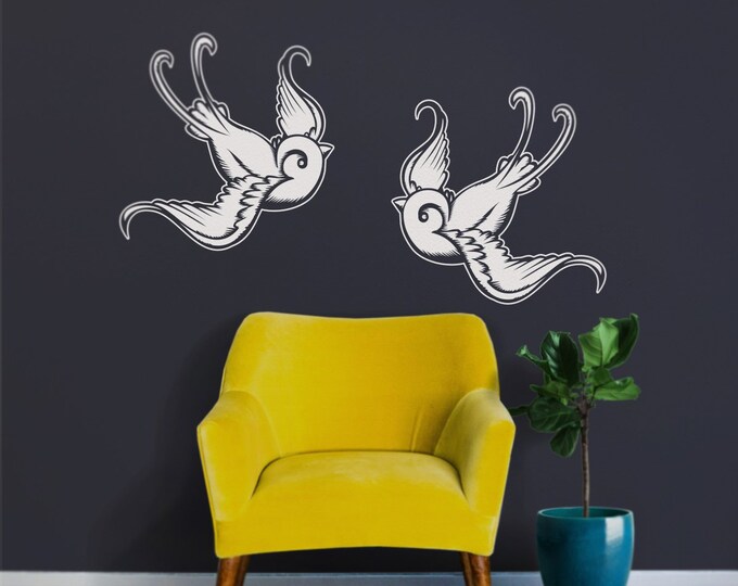 Traditional swallow tattoo wall decal for living room, bedroom birds wall decals, tattoo bird design wall decor