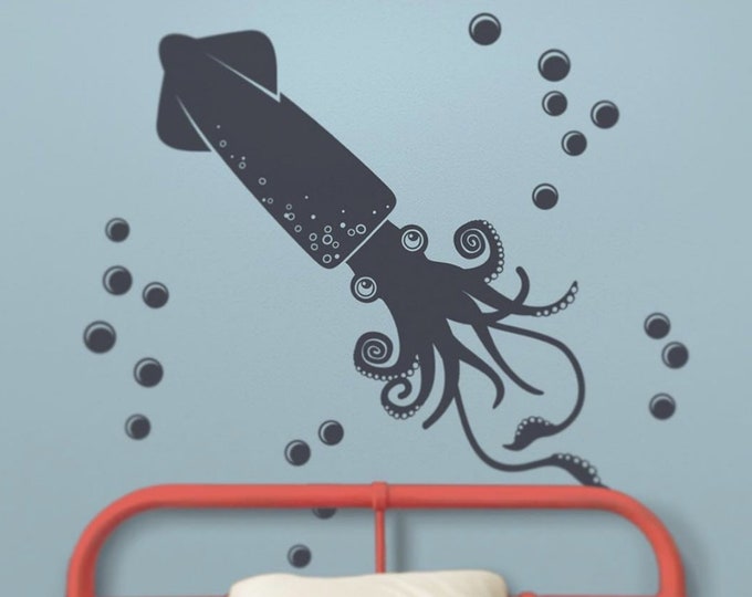 squid wall decal- animal art, marine life sticker art, nursery decor, kids room decor